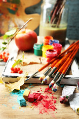 Beautiful still life with professional art materials, close up