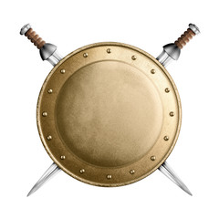 gold or bronze gladiator shield and two crossed swords isolated