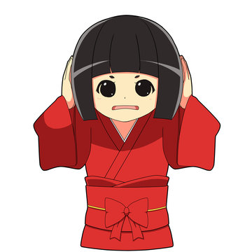 和風着物の女の子/ 耳をふさぐ