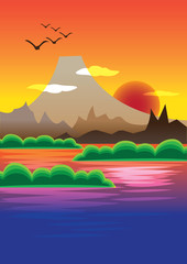 Picturesque Sunset Behind Volcano Mountain Vector Illustration