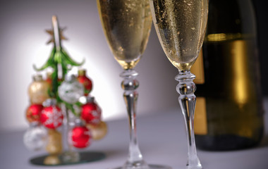 Champagne glasses and Christmas tree