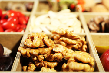 Autumn composition in decorative wooden box, close up