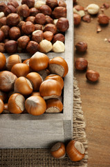 Hazelnuts in wooden box