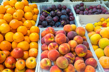 Ripe fruits at a market for sale