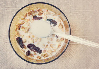 muesli with dried fruit in a bowl with milk