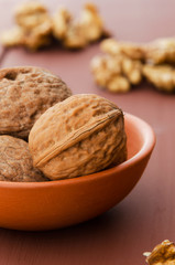 Walnuts in ceramic bowl