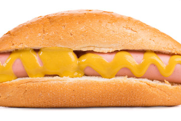 Hotdog sandwich with yellow mustard sauce.