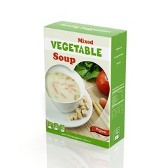 3D vegetable soup paper package isolated on white
