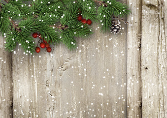 Christmas fir tree with holly on a wooden board