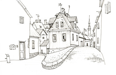 Pencil drawing of the old streets