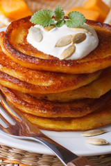 pumpkin pancakes with sour cream, mint and seeds macro