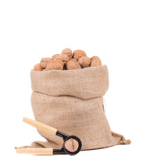 Full sack with walnuts and nutcracker.