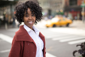 African American black woman in city smile happy face