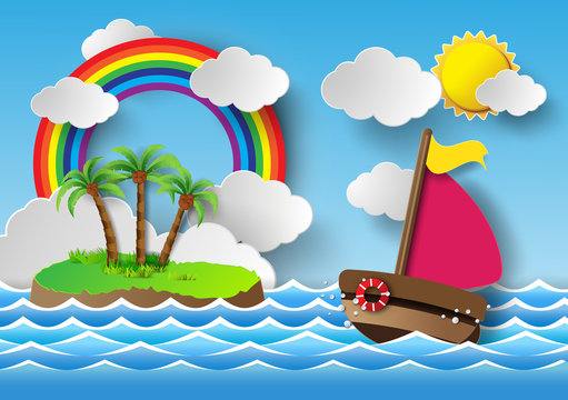 Sailing boat and cloud with rainbow.