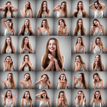 Collage of woman with different facial expressions.