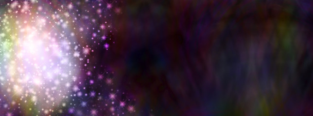 Dark patterned banner with multicolored star sparkles