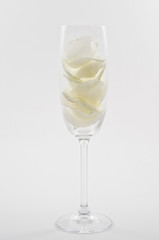 Champagne glass with white rose petals