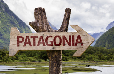 Patagonia wooden sign with landscape background