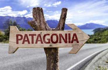 Patagonia wooden sign with landscape background