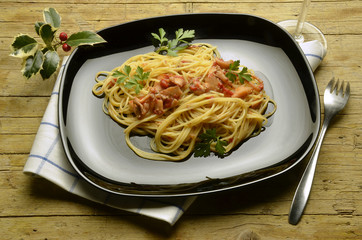 Spaghetti with bläckfisk Cucina italiana Food Expo Milano 2015
