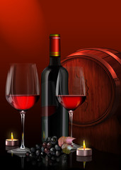 Zwei Rotweingläser mit Rotweinflasche, Weintrauben auf scharzen