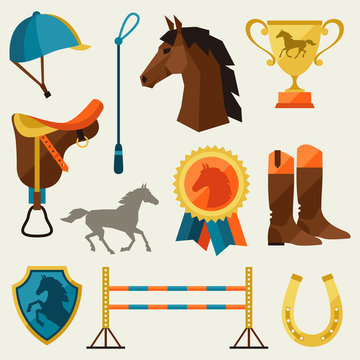 Icon Set With Horse Equipment In Flat Style.