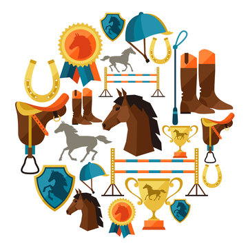 Background with horse equipment in flat style.