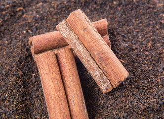 Cinnamon stick on dried and processed tea leaves