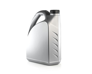 Gray canister with engine oil isolated on white background