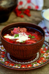 borsch, traditional Ukrainian beet and sour cream soup