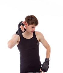 model isolated on plain background listening paying attention