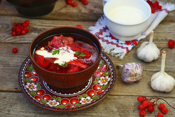 borsch, traditional Ukrainian beet and sour cream soup