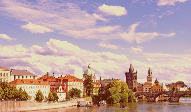 Charles Bridge in Prague on a sunny day Czech Republic. The capi