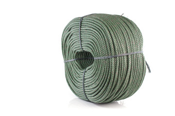 Roll thick green nylon rope isolated on white background