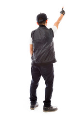 Naklejka premium model isolated on plain background back pointing