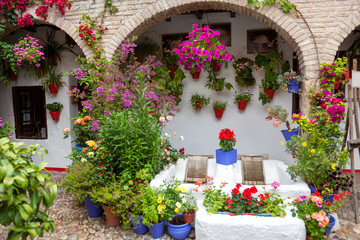 Fototapeta na wymiar Flowers Decoration of Vintage Courtyard, typical house in Cordob