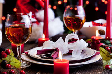 Christmas dishware on the table