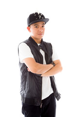 model isolated on plain background happy smiling arms crossed