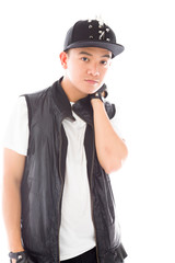 model isolated on plain background bored upset