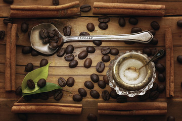 wooden background coffee grains
