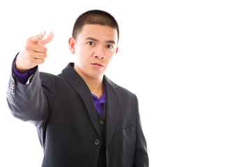 model isolated on plain background nagging scolding with finger