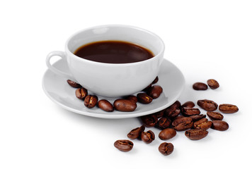 cup of coffee on white background with coffee beans