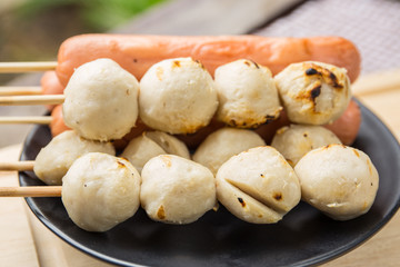 The grilled sausage and meat ball in Thai style