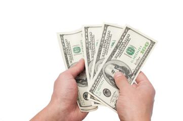 hands with dollars isolated on a white background
