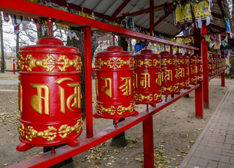 prayer drums in a Buddhist temple in St. Petersburg