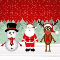 Santa Claus, a reindeer and a snowman in the Christmas forest