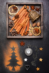 Christmas spices for baking and decoration. Christmas background