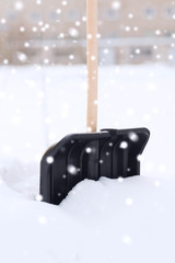 black snowshowel with wooden handle in snow pile