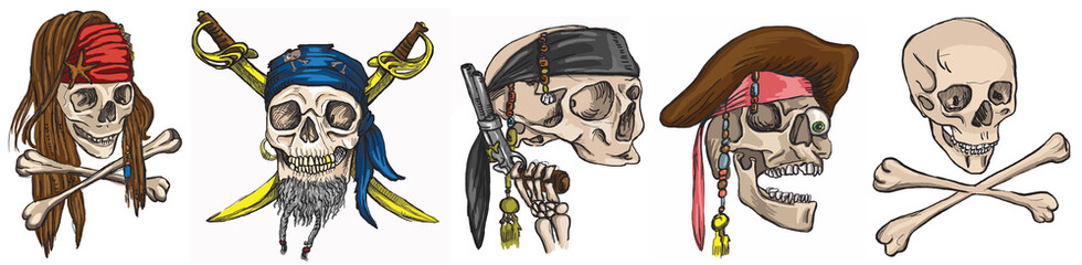 Pirates - skulls collection. Colored vector.