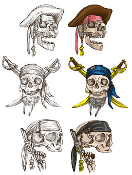 Pirates - skulls collection. Full sized hand drawings on white.